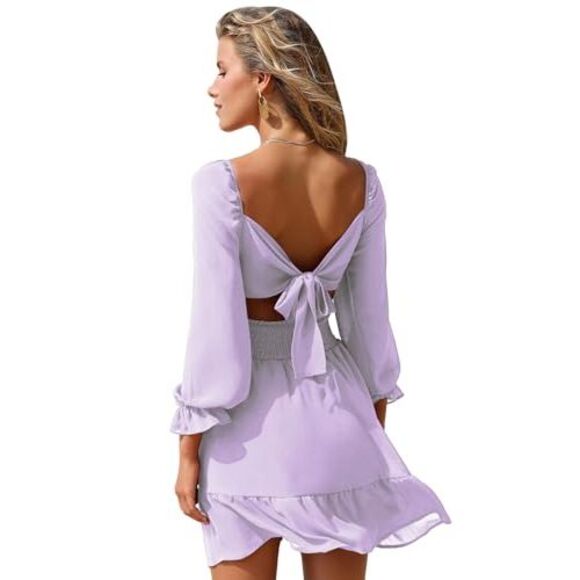 Exlura Dresses & Skirts - EXLURA Women Tie Back Long Lantern Sleeve Square Neck Ruffle Dress Elastic Waist